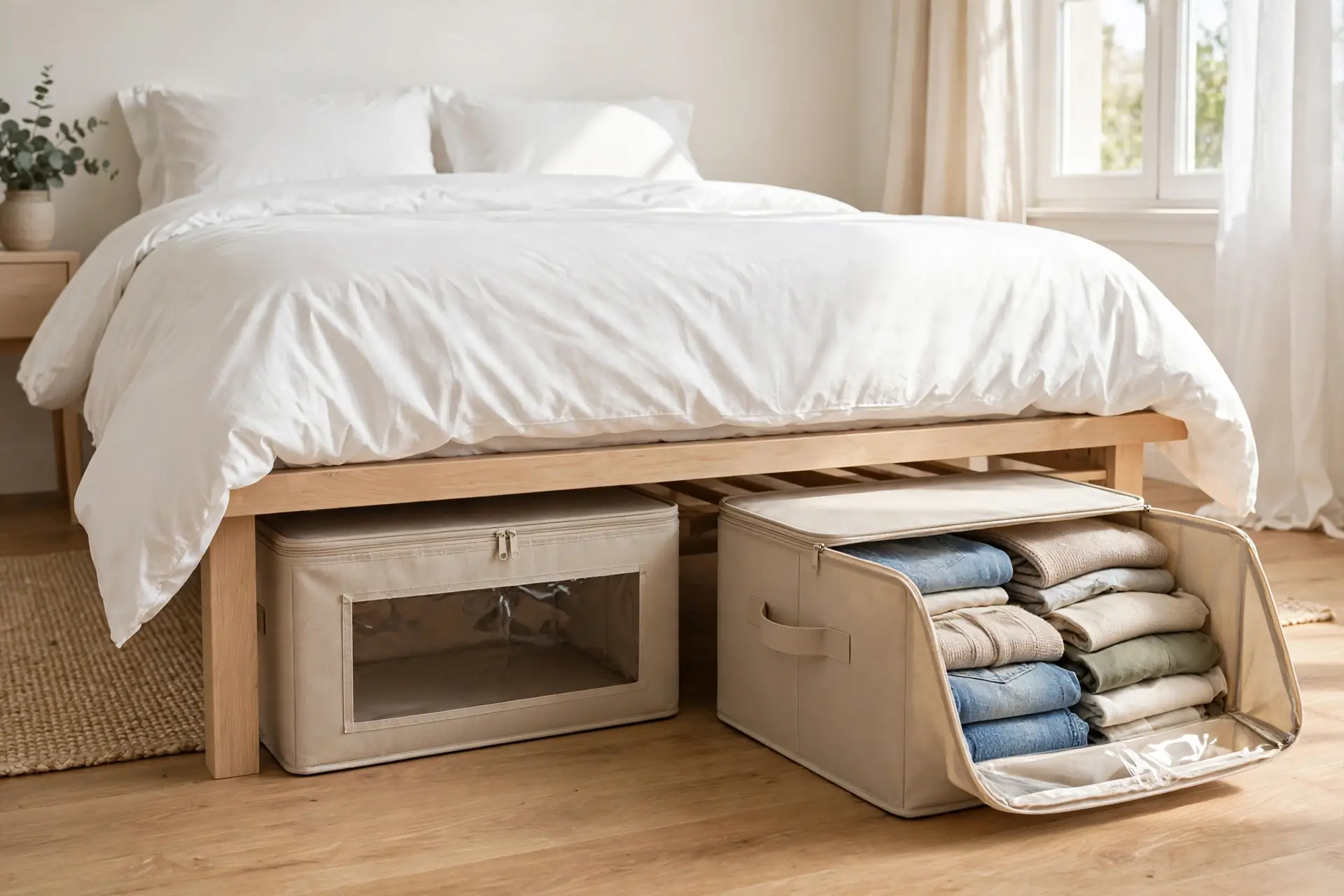 Zippered fabric under bed storage bins with reinforced handles